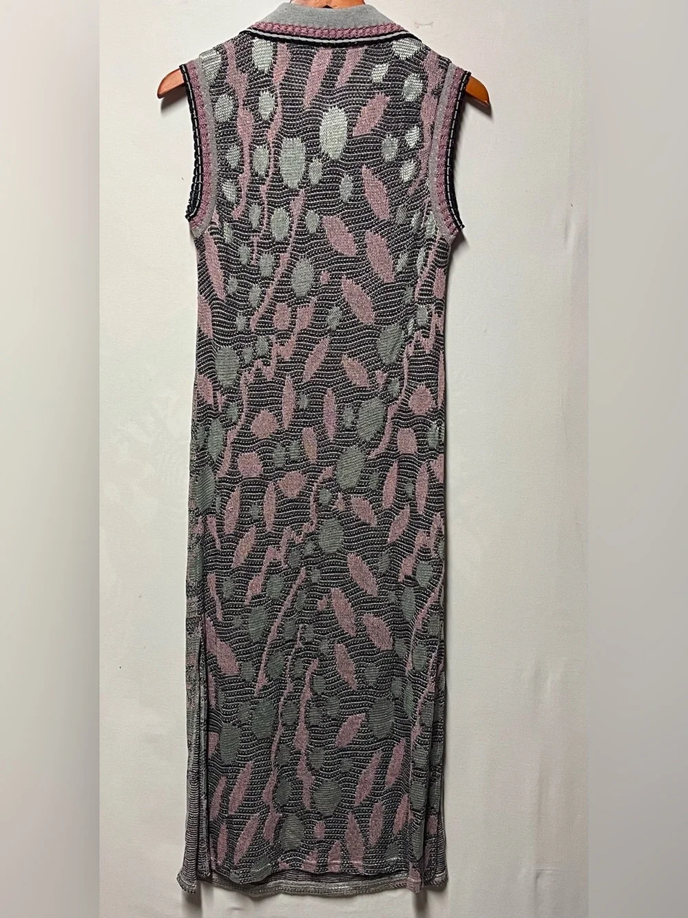 Anna Sui Metallic Floral Knit Maxi Dress M Y2K Mod Sleeveless Polo Made USA